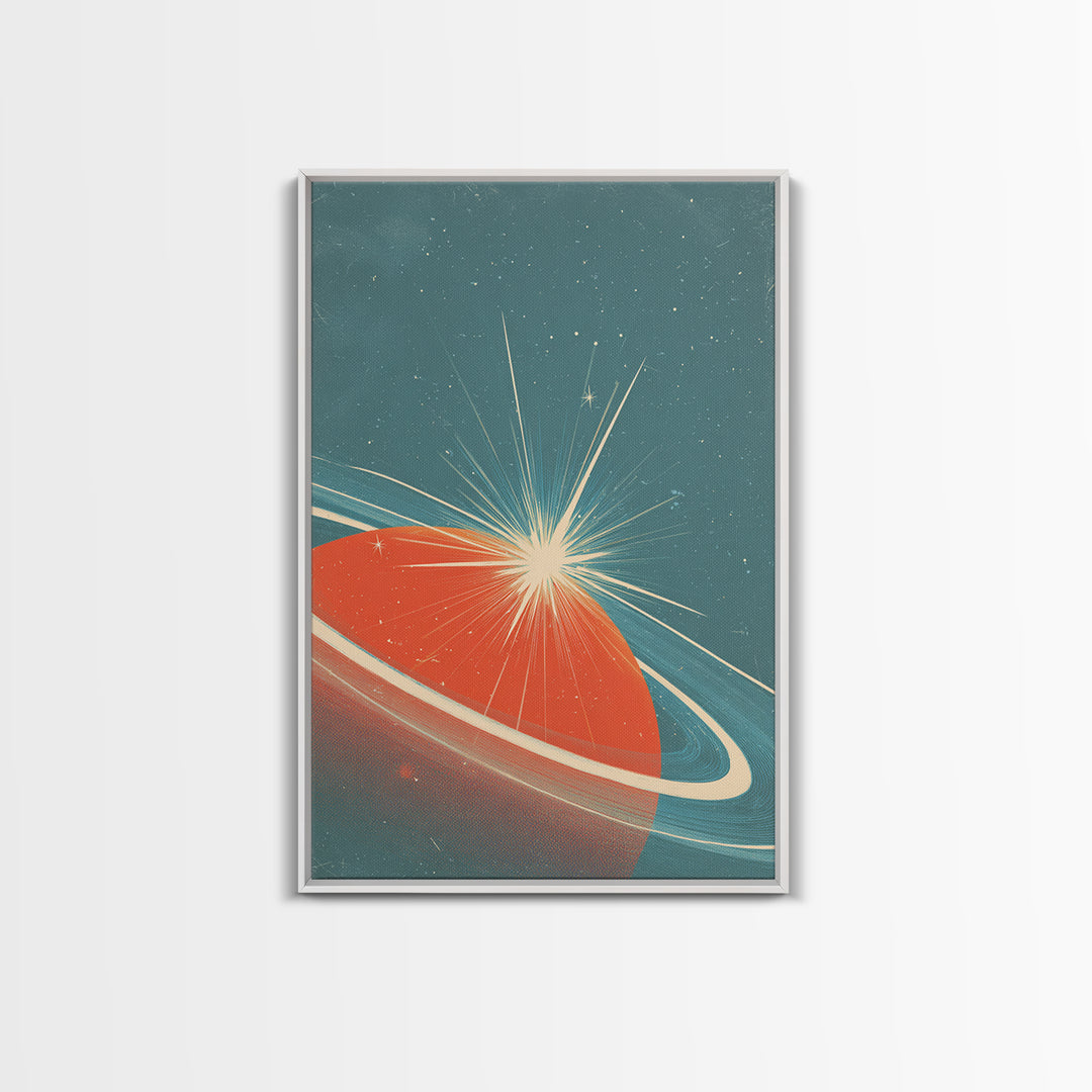 Retro Ringed Planet With Starburst Framed Canvas Print, Mid Century Modern Wall Art, Space Abstract Poster, Sci Fi Decor