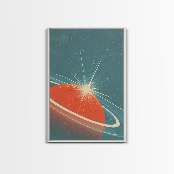 Retro Ringed Planet With Starburst Framed Canvas Print, Mid Century Modern Wall Art, Space Abstract Poster, Sci Fi Decor