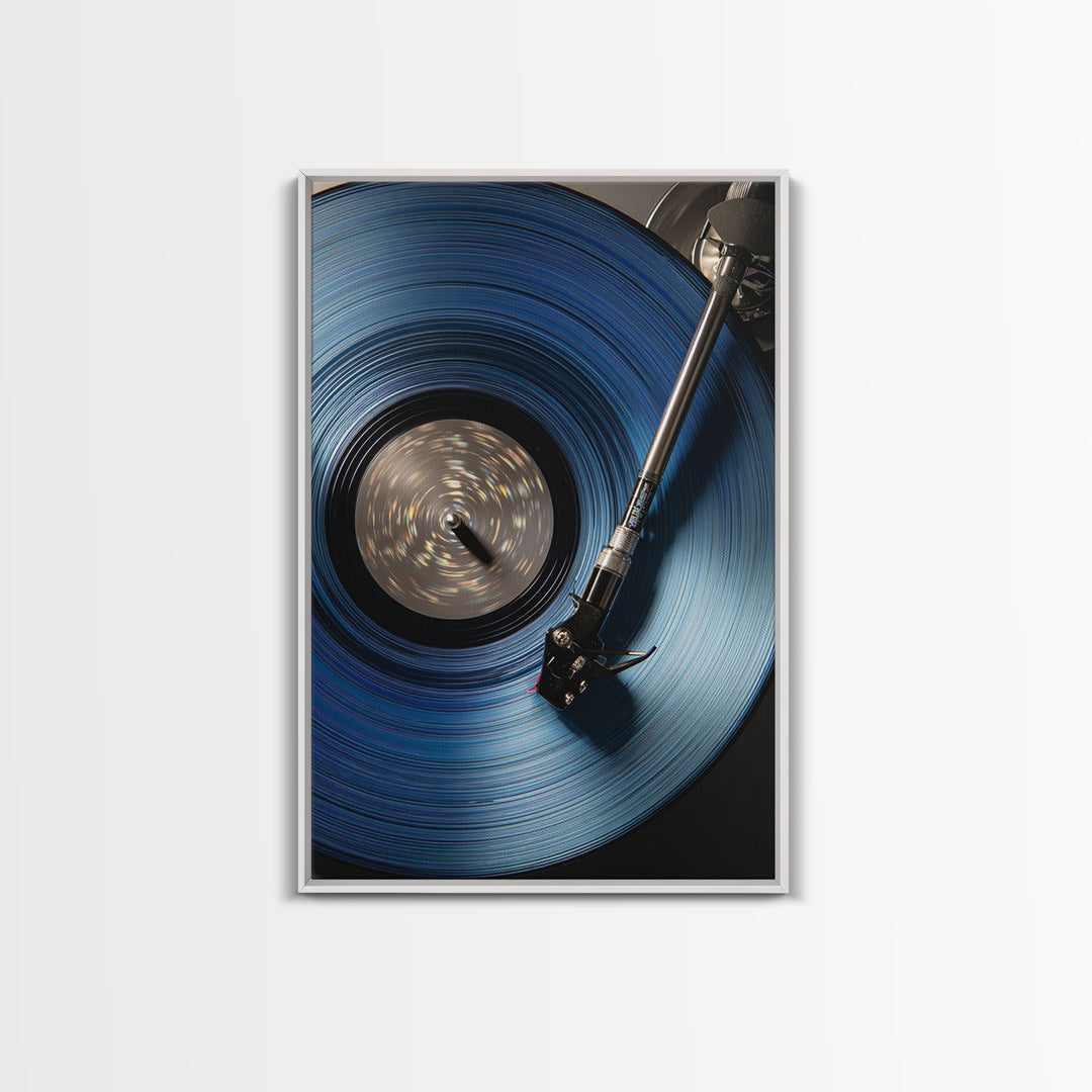 Blue Vinyl Record Canvas Print, Modern Wall Art For Music Lovers, Retro Turntable Poster, Moody Home Office Decor Gift For Him