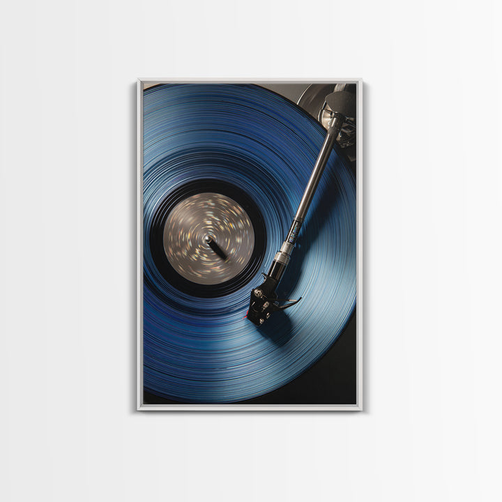 Blue Vinyl Record Canvas Print, Modern Wall Art For Music Lovers, Retro Turntable Poster, Moody Home Office Decor Gift For Him