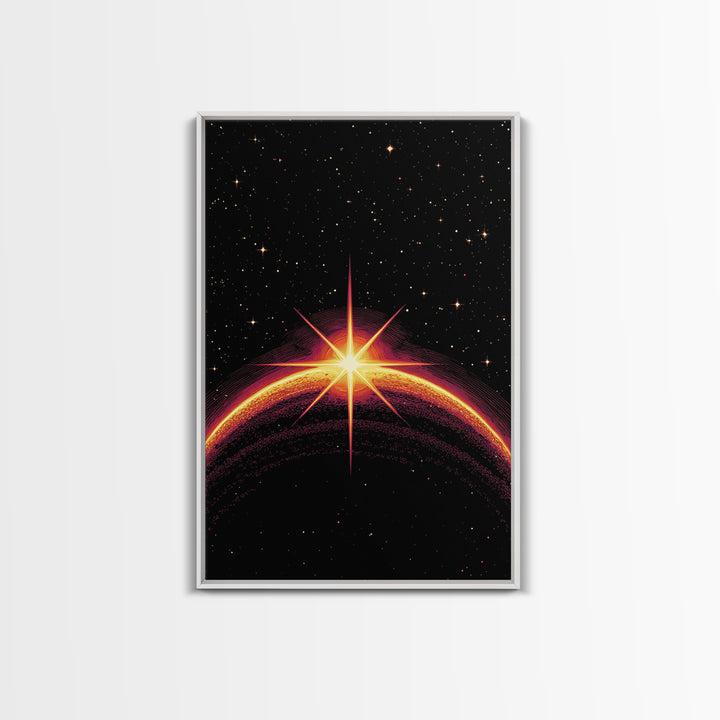 Cosmic Sunrise Over Dark Planet Wall Art, Retro Sci Fi Poster, Space Abstract Art Print, Mid Century Modern Decor, Starry Room Decor