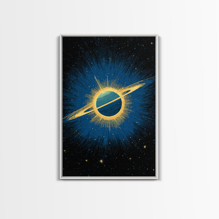 Blue Saturn Eclipse Burst Canvas Print, Retro Sci Fi Space Poster, Modern Wall Art, Midcentury Cosmic Decor, Galaxy Gift