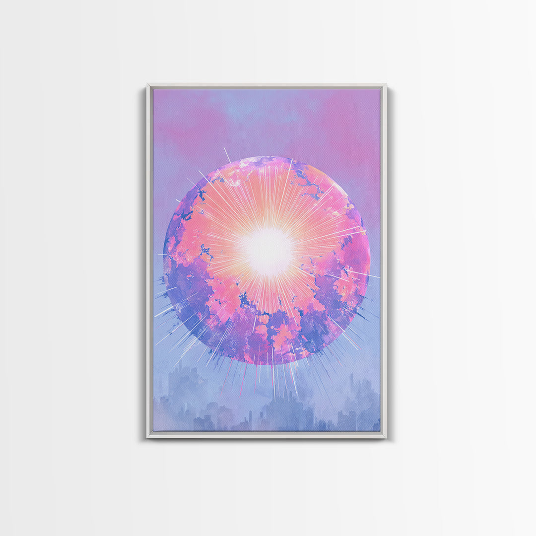 Pink Glowing Planet Over Skyline Wall Art, Pastel Sci Fi Poster, Modern Art Print, Dreamy Space Decor, Retro Galaxy Gift