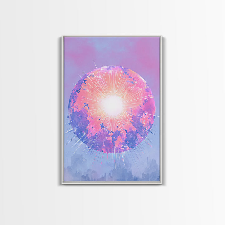 Pink Glowing Planet Over Skyline Wall Art, Pastel Sci Fi Poster, Modern Art Print, Dreamy Space Decor, Retro Galaxy Gift