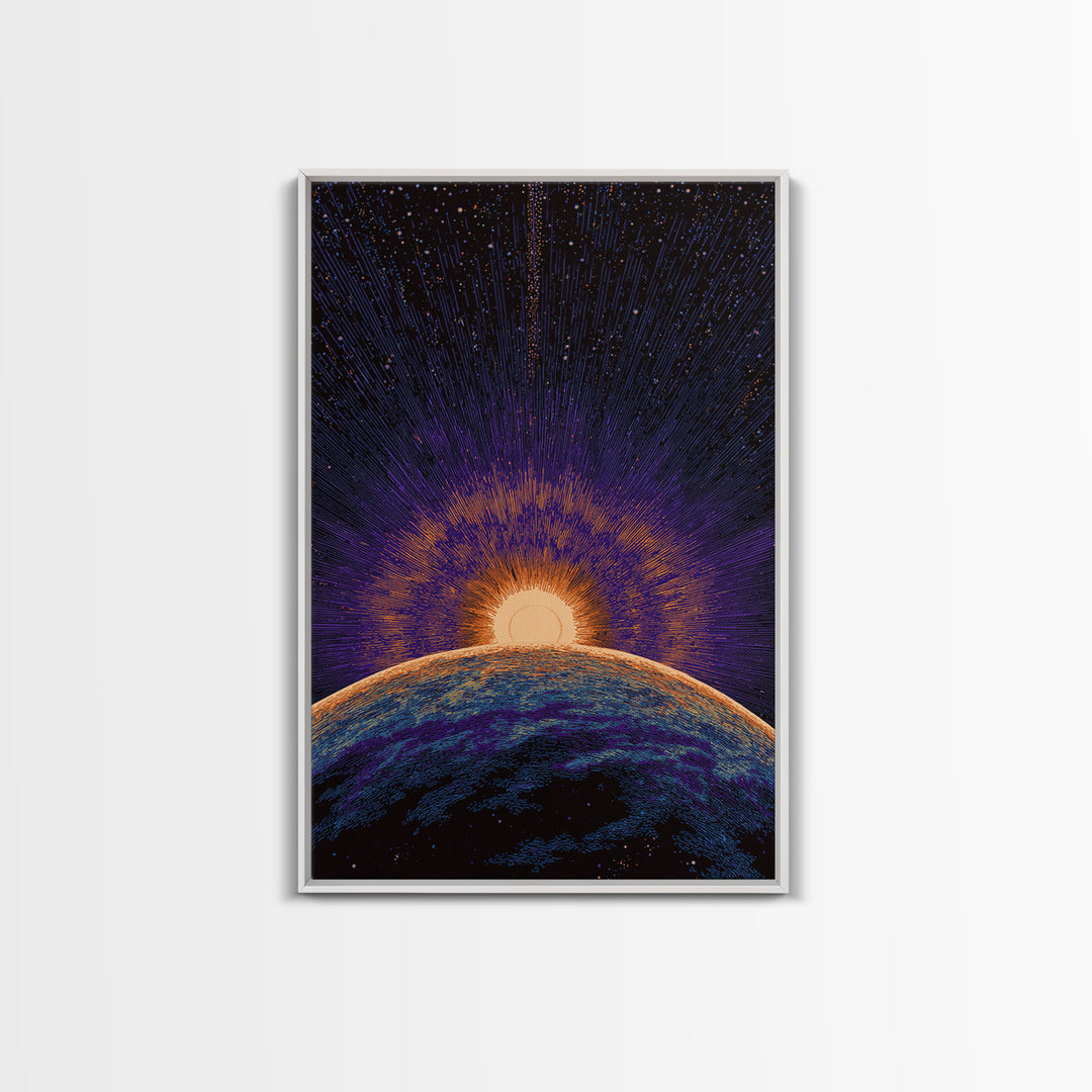 Purple Planet Sunrise Horizon Canvas Print, Retro Sci Fi Space Poster, Modern Wall Art, Midcentury Starburst Decor Gift Idea