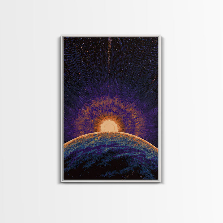 Purple Planet Sunrise Horizon Canvas Print, Retro Sci Fi Space Poster, Modern Wall Art, Midcentury Starburst Decor Gift Idea