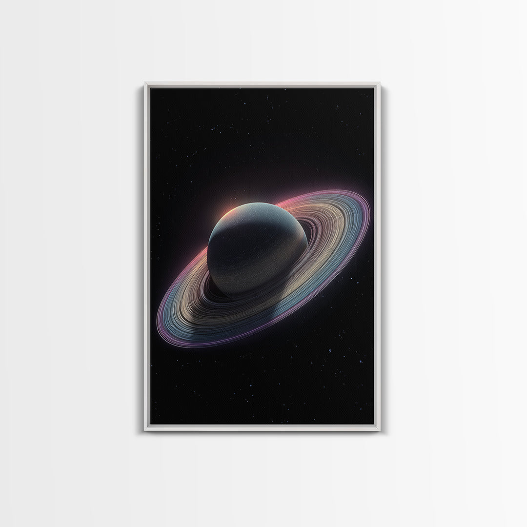 Dark Saturn With Iridescent Rings Wall Art, Realistic Sci Fi Space Poster, Modern Art Print, Cosmic Retro Home Decor Gift