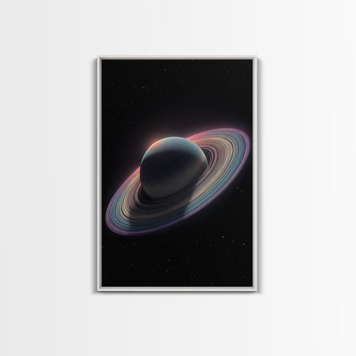Dark Saturn With Iridescent Rings Wall Art, Realistic Sci Fi Space Poster, Modern Art Print, Cosmic Retro Home Decor Gift