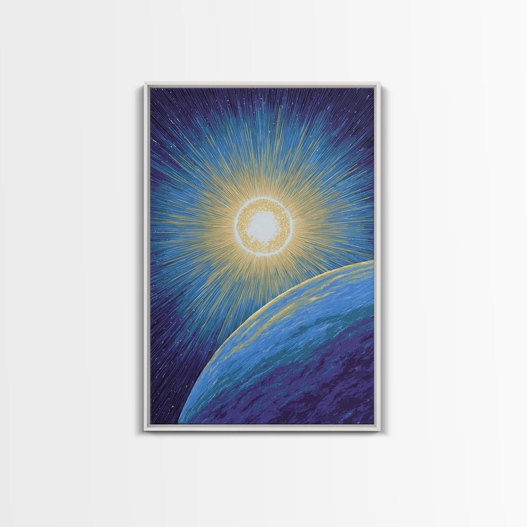 Radiant Sun Above Blue Planet Canvas Print, Retro Sci Fi Space Poster, Modern Wall Art, Midcentury Cosmic Home Decor Gift