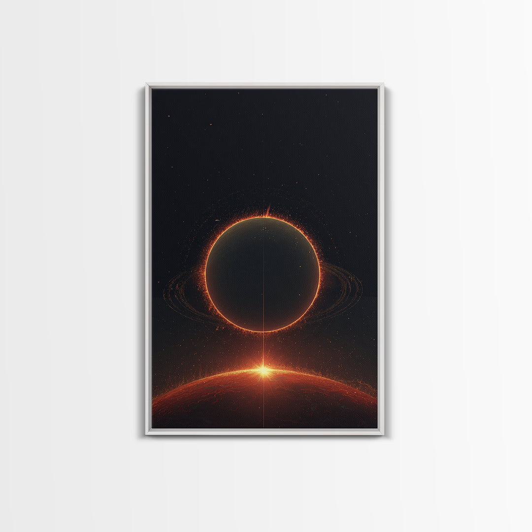 Red Eclipse Over Fiery Planet Wall Art, Minimal Sci Fi Space Poster, Modern Art Print, Dark Cosmic Retro Home Decor Gift