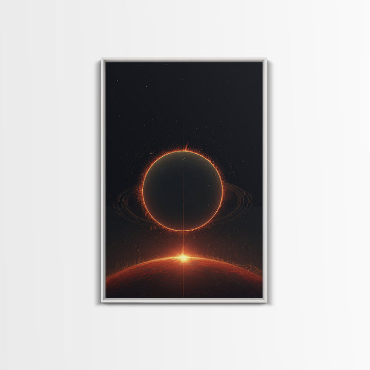Red Eclipse Over Fiery Planet Wall Art, Minimal Sci Fi Space Poster, Modern Art Print, Dark Cosmic Retro Home Decor Gift
