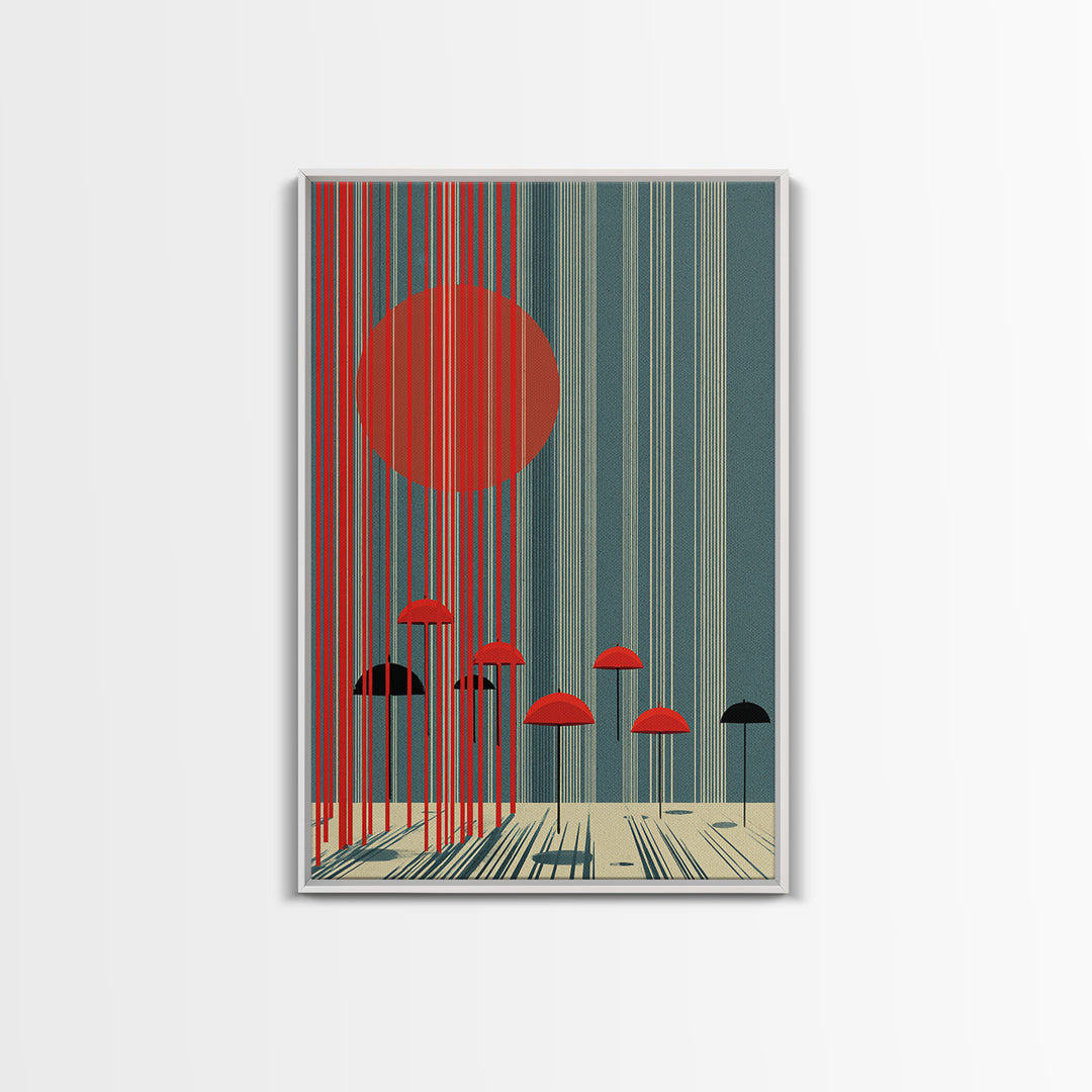 Teal Red Sun And Rain Umbrellas Canvas Print, Midcentury Modern Wall Art, Geometric Japanese Poster, Retro Decor Gift Idea