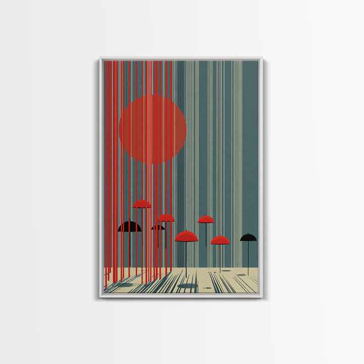 Teal Red Sun And Rain Umbrellas Canvas Print, Midcentury Modern Wall Art, Geometric Japanese Poster, Retro Decor Gift Idea
