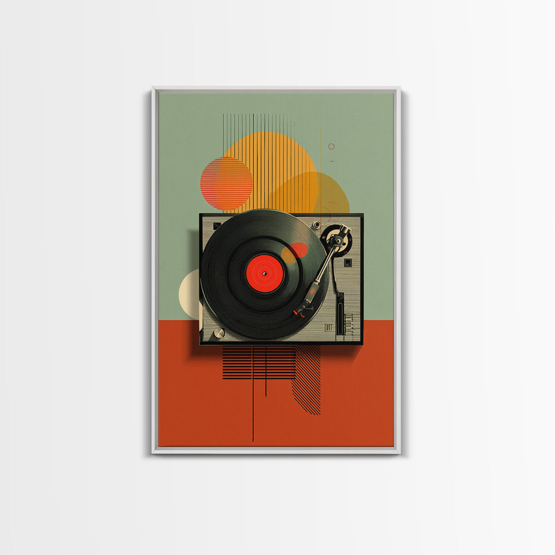 Retro Turntable Sun Shapes Framed Canvas Print, Midcentury Modern Wall Art, Orange Green Music Room Decor Poster For Vinyl Lovers