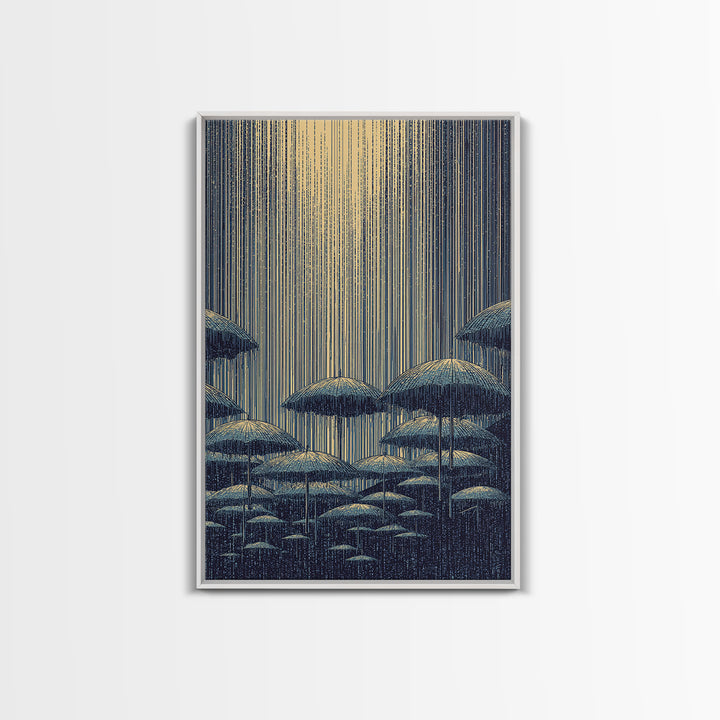 Blue Rainy Umbrella Moonlight Wall Art, Midcentury Modern Art Print, Japanese Poster Style, Retro Scenic Home Decor Gift