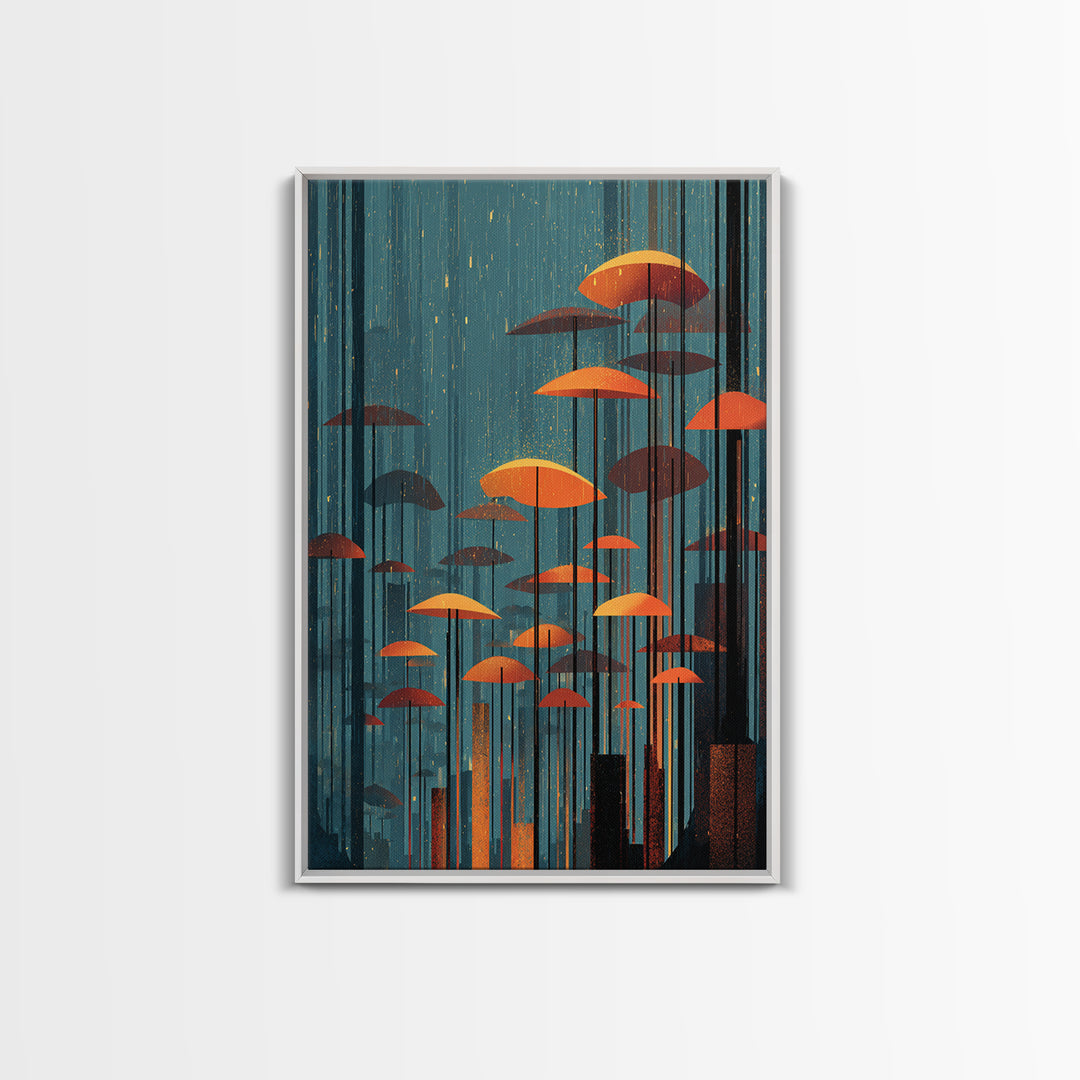 Rainy Teal Forest With Orange Umbrella Mushrooms Wall Art, Midcentury Modern Art Print, Retro Mcm Decor, Surreal Nature Poster