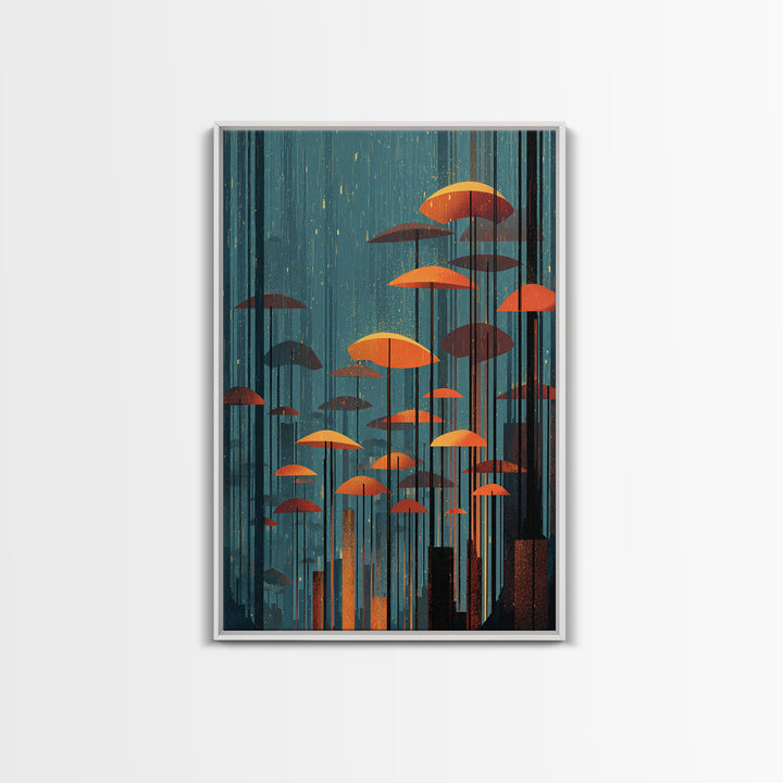 Rainy Teal Forest With Orange Umbrella Mushrooms Wall Art, Midcentury Modern Art Print, Retro Mcm Decor, Surreal Nature Poster
