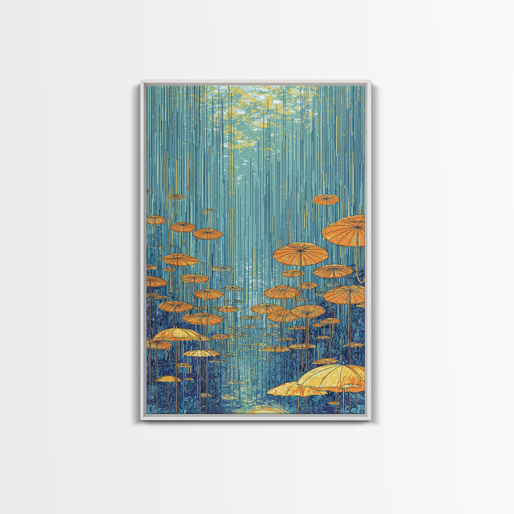 Golden Parasol Mushrooms In Blue Rain Canvas Print, Midcentury Modern Wall Art, Retro Botanical Decor, Colorful Nature Poster