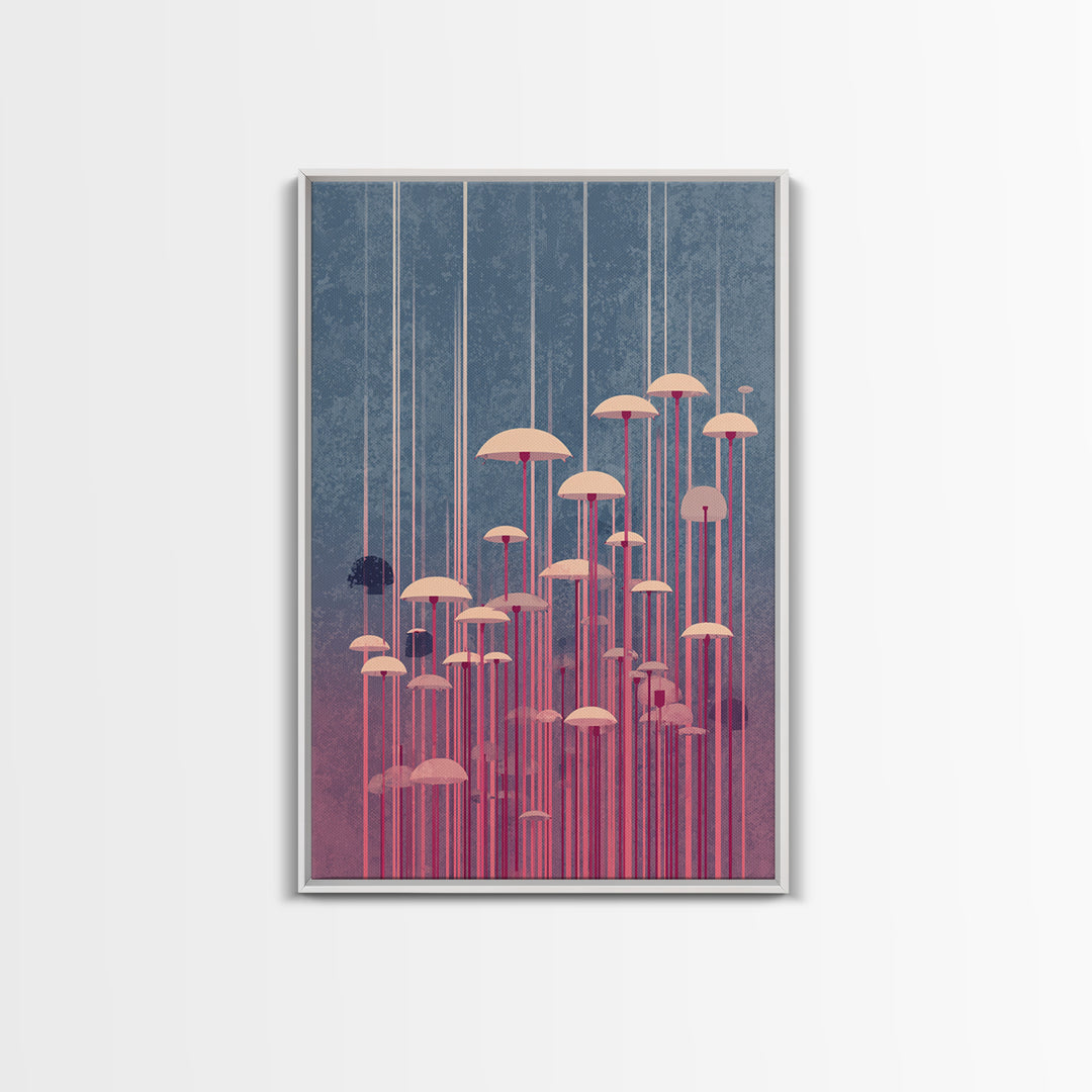 Pastel Pink Umbrella Forest In Mist Framed Canvas Print, Midcentury Modern Wall Art, Retro Mcm Decor, Dreamy Abstract Poster