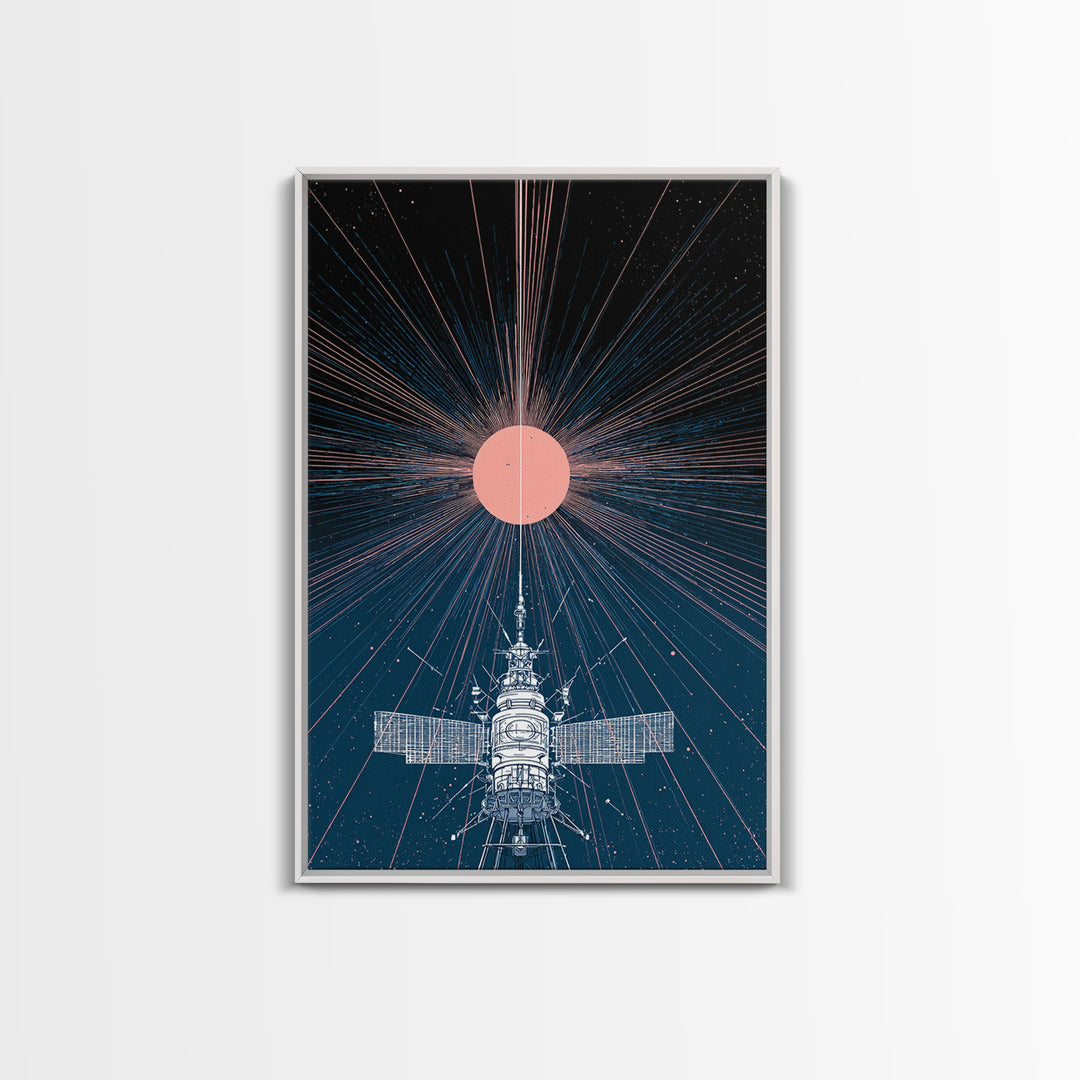 Satellite Under Pink Cosmic Sun Wall Art, Midcentury Modern Sci Fi Poster, Space Abstract Art, Retro Futurism Decor Print