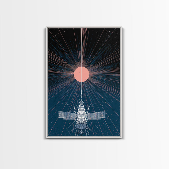 Satellite Under Pink Cosmic Sun Wall Art, Midcentury Modern Sci Fi Poster, Space Abstract Art, Retro Futurism Decor Print