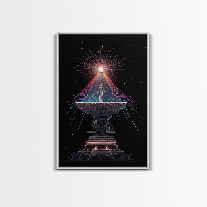 Radio Telescope Starburst On Black Canvas Print, Midcentury Modern Space Poster, Sci Fi Wall Art, Retro Cosmic Office Decor