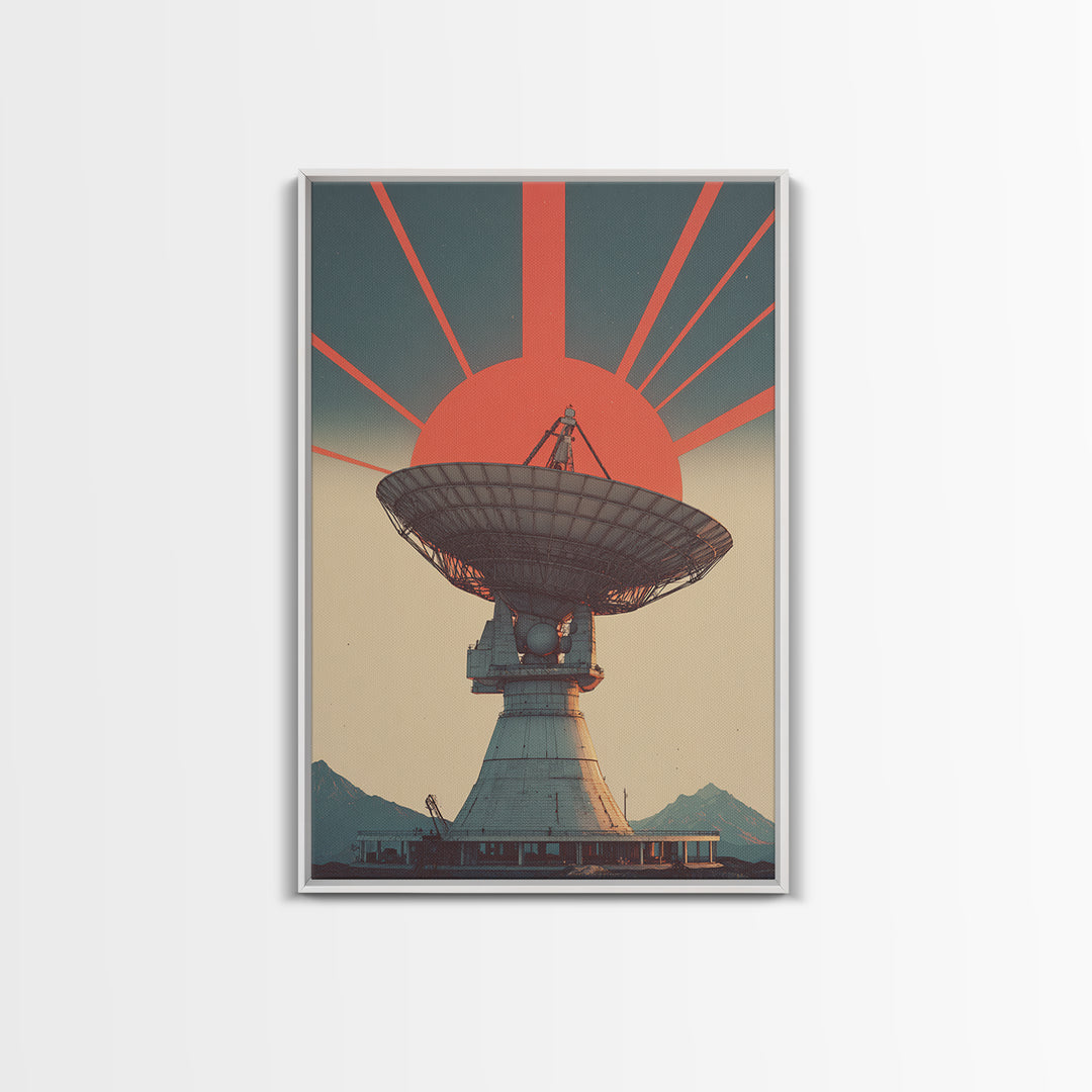 Mountain Radio Telescope With Red Sunbeams Framed Canvas Print, Midcentury Modern Wall Art, Retro Space Poster, Mcm Decor