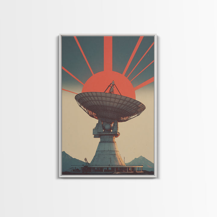 Mountain Radio Telescope With Red Sunbeams Framed Canvas Print, Midcentury Modern Wall Art, Retro Space Poster, Mcm Decor