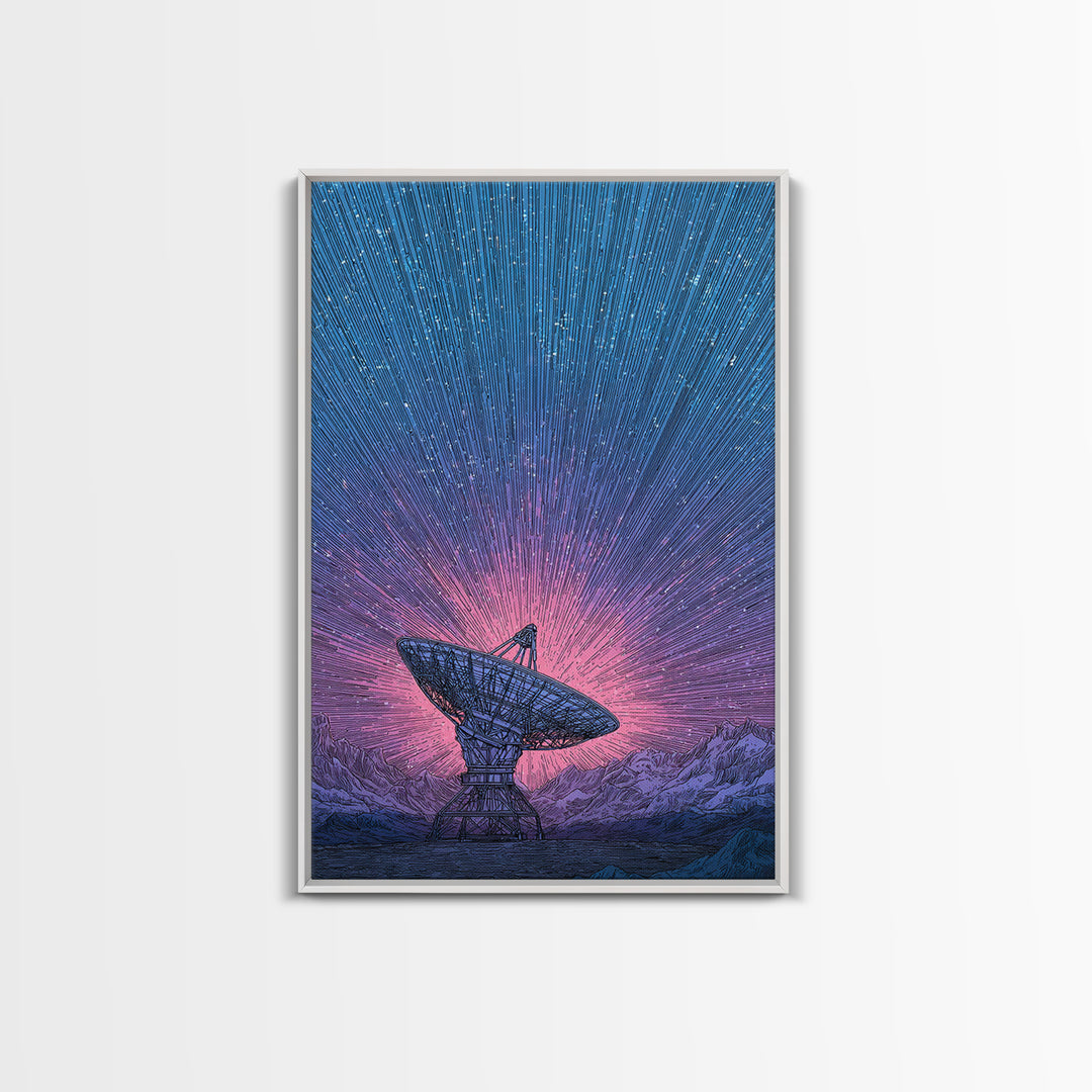 Mountain Satellite Dish With Pink Data Beams Wall Art, Midcentury Modern Sci Fi Poster, Space Abstract Art, Retro Decor Print