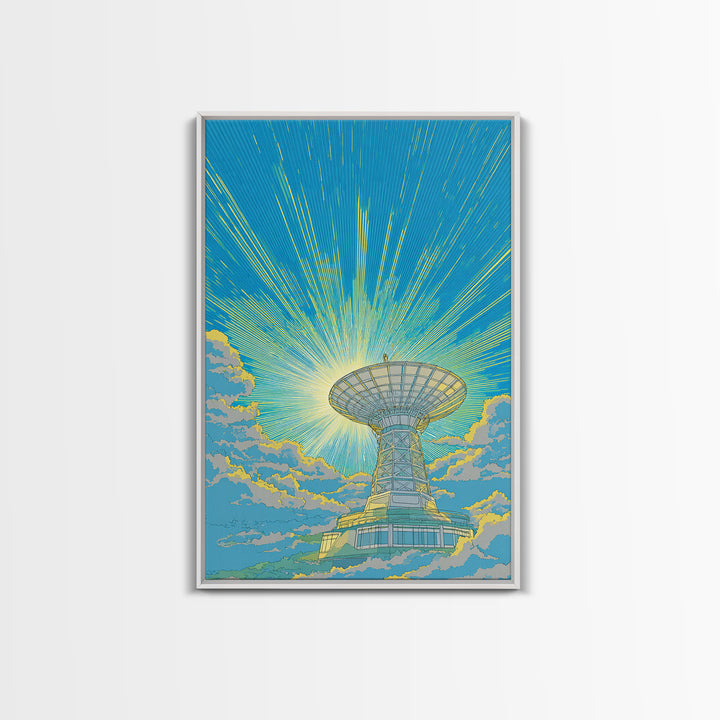 Bright Sky Satellite Dish With Neon Rays Canvas Print, Midcentury Modern Wall Art, Retro Space Poster, Colorful Office Decor