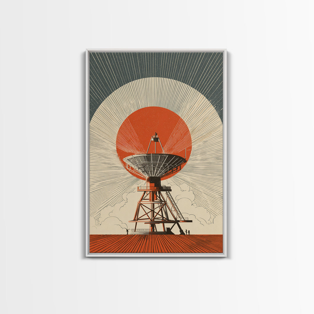 Orange Eclipse Radio Telescope In Desert Wall Art, Midcentury Modern Space Poster, Retro Futurism Decor, Geometric Art Print