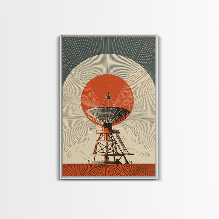 Orange Eclipse Radio Telescope In Desert Wall Art, Midcentury Modern Space Poster, Retro Futurism Decor, Geometric Art Print