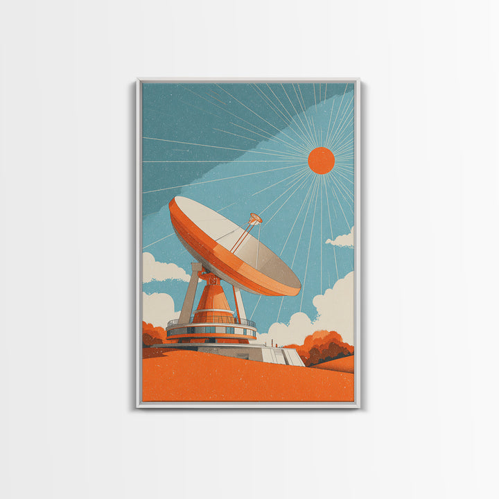 Orange Satellite Dish Under Blue Sun Canvas Print, Midcentury Modern Wall Art, Retro Space Poster, Atomic Mcm Office Decor