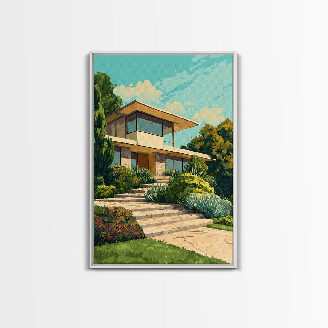 Lush Mid Century Modern House Canvas Print, Architectural Garden Wall Decor, MCM Landscape Poster, Retro Home Office Art