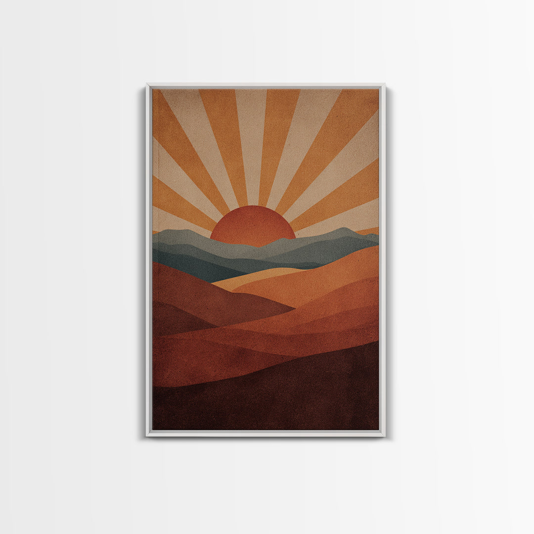 Retro Desert Sunrise Wall Art, Mid Century Sun Poster, Burnt Orange Landscape Print, Southwestern Decor, Boho MCM Art Gift