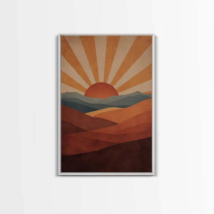 Retro Desert Sunrise Wall Art, Mid Century Sun Poster, Burnt Orange Landscape Print, Southwestern Decor, Boho MCM Art Gift