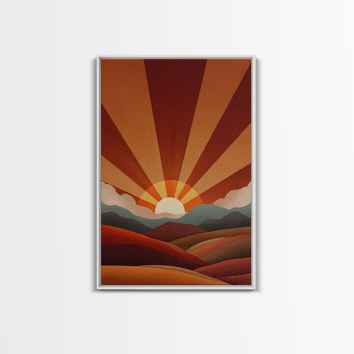 Burnt Orange Sunrise Wall Art, Retro Mountain Landscape Poster, Mid Century Sun Print, Warm Desert Decor, Boho MCM Art Gift