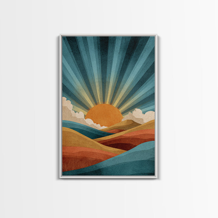 Teal Orange Sunrise Canvas Print, Retro Desert Mountain Wall Decor, Mid Century Sun Art, Boho Abstract Landscape Poster Print