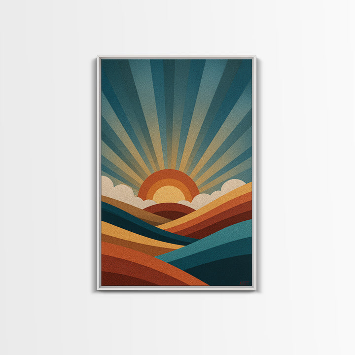 Geometric Sunrise Wall Art, Retro Rainbow Mountain Poster, Mid Century Sun Print, Colorful Abstract MCM Home Decor Gift Idea