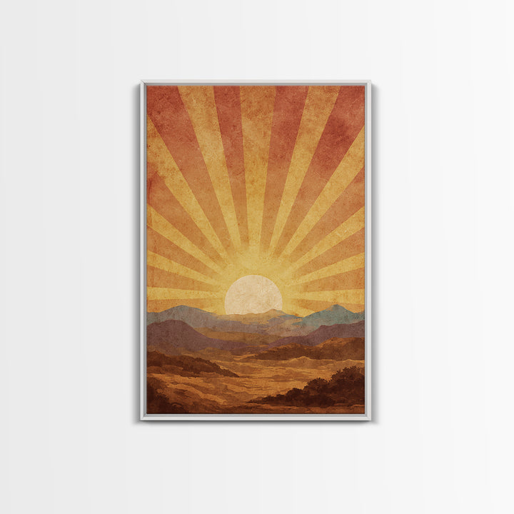 Radiant Desert Sunrise Mountains Wall Art, Mid Century Modern Poster, Retro Orange Landscape Print, Southwestern Living Room Decor