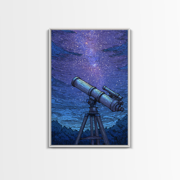 Blue Starry Telescope Wall Art, Mid Century Modern Space Poster, Astronomy Print, Night Sky Decor For Office And Dorm Room