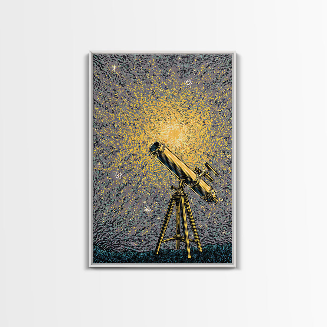 Golden Starburst Telescope Canvas Print, Mid Century Modern Astronomy Poster, Retro Space Wall Decor, Statement Office Art
