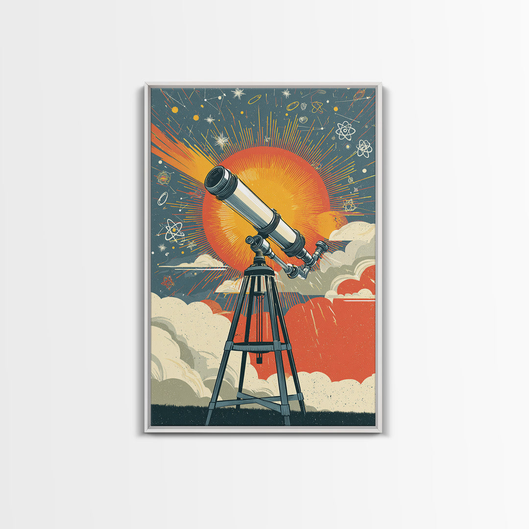 Giant Sun Telescope Wall Art, Mid Century Modern Space Poster, Colorful Atomic Astronomy Print, Retro Office Decor Gift Idea