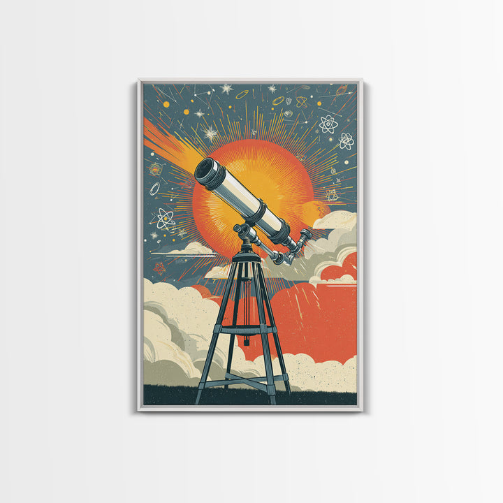 Giant Sun Telescope Wall Art, Mid Century Modern Space Poster, Colorful Atomic Astronomy Print, Retro Office Decor Gift Idea