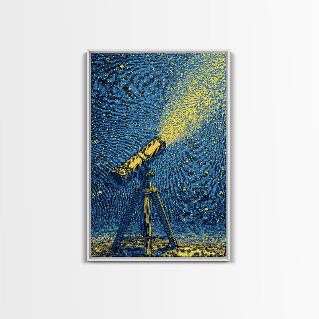 Blue Night Telescope Canvas Print, Mid Century Modern Astronomy Poster, Starry Space Wall Decor, Retro Science Gift For Him