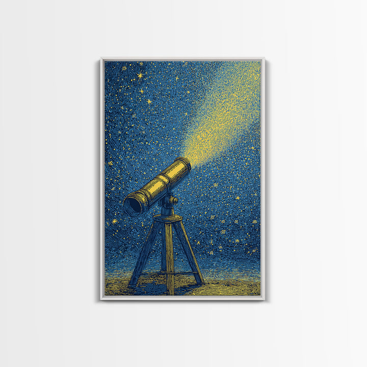 Blue Night Telescope Canvas Print, Mid Century Modern Astronomy Poster, Starry Space Wall Decor, Retro Science Gift For Him
