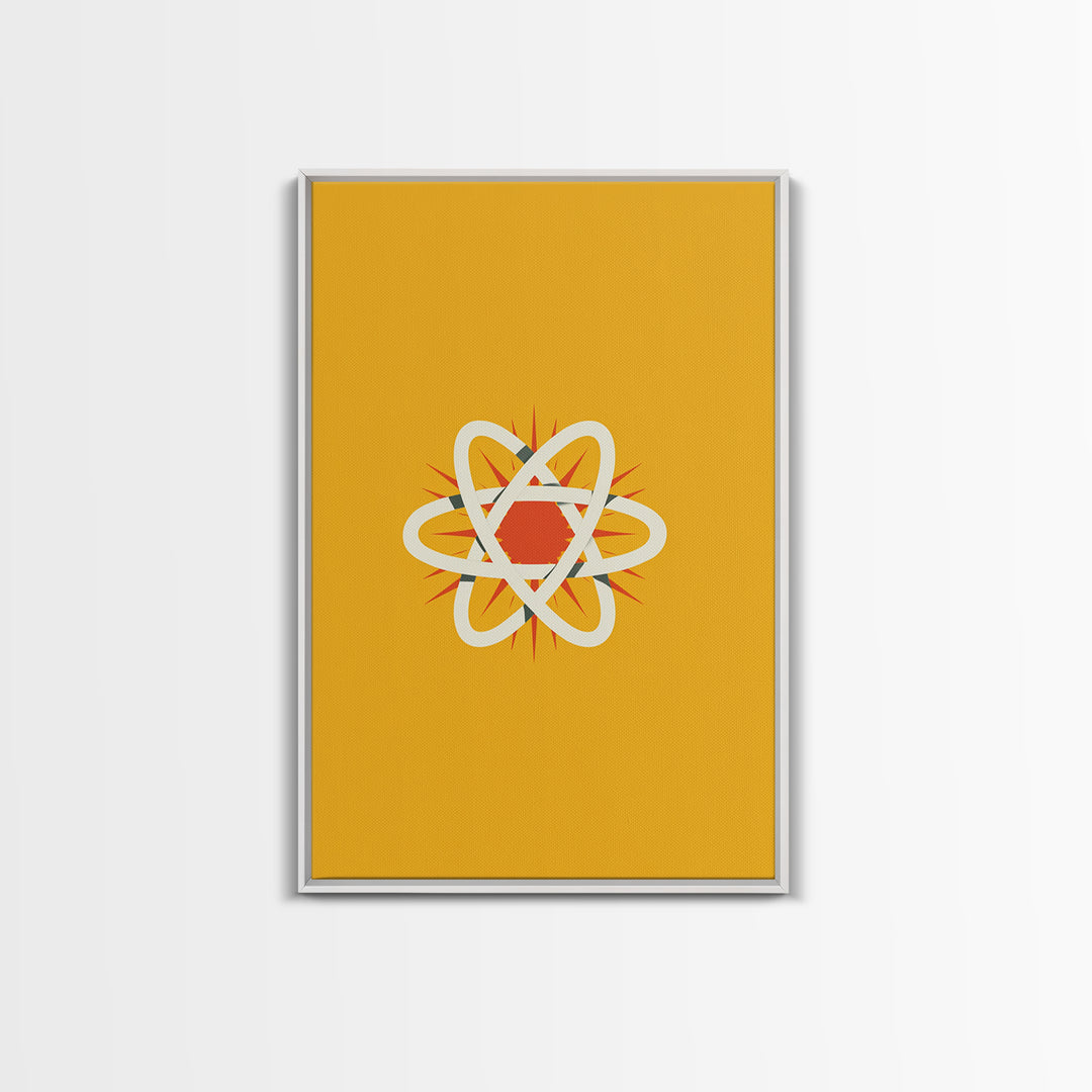Minimal Atomic Symbol Canvas Print, Mid Century Modern Science Poster, Yellow Orange Geometric Wall Decor, Retro Lab Art