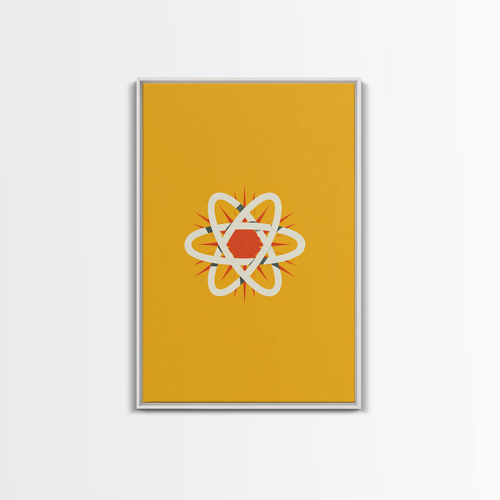 Minimal Atomic Symbol Canvas Print, Mid Century Modern Science Poster, Yellow Orange Geometric Wall Decor, Retro Lab Art
