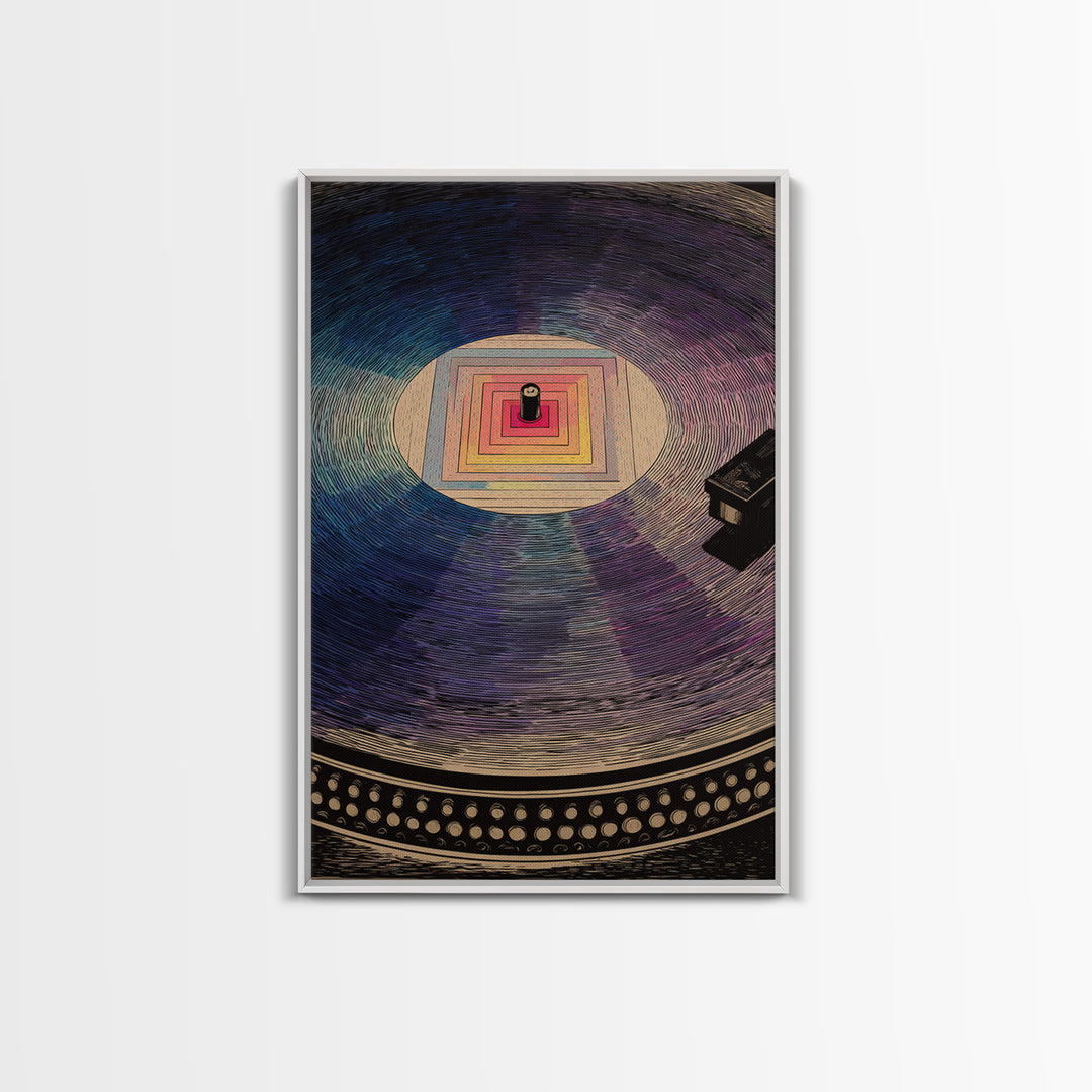 Square Label Vinyl Record Framed Canvas Print, Modern Abstract Wall Art, Retro Turntable Poster, Blue Purple Music Decor