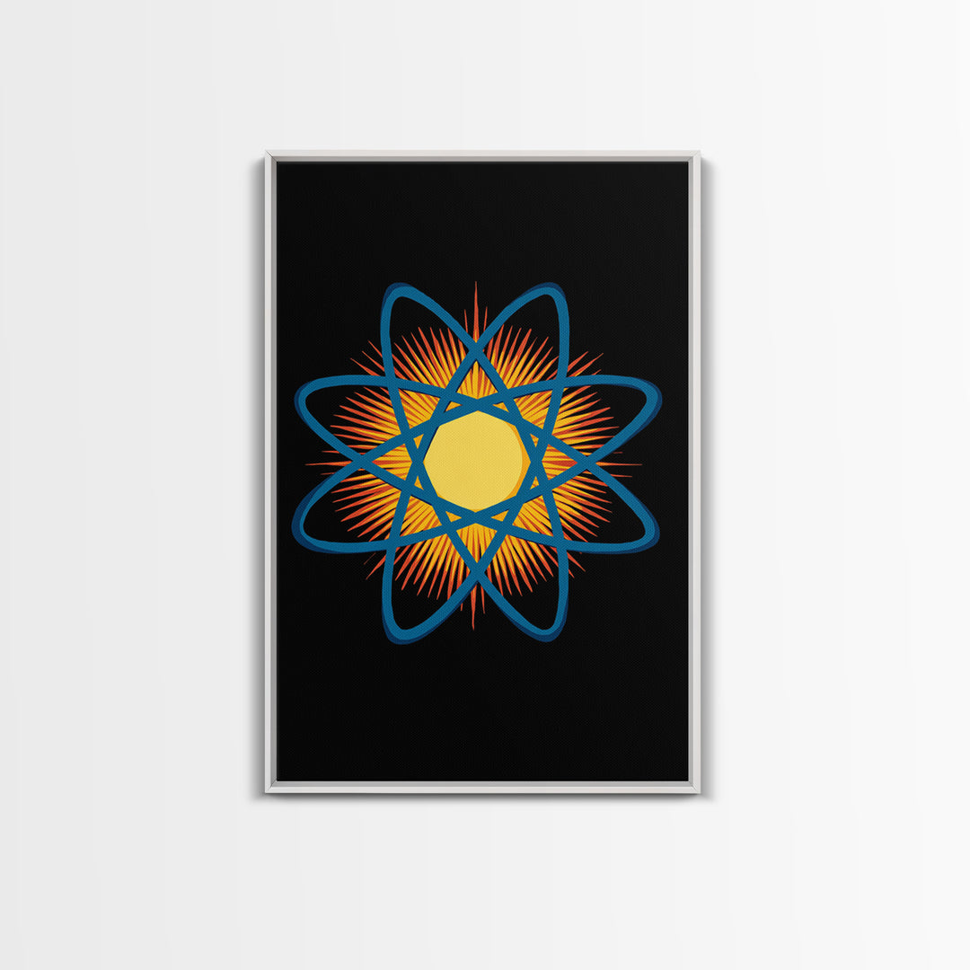 Blue Atomic Orbit Sunburst Wall Art, Midcentury Modern Science Poster, Retro Space Decor, Geometric MCM Art Print For Office